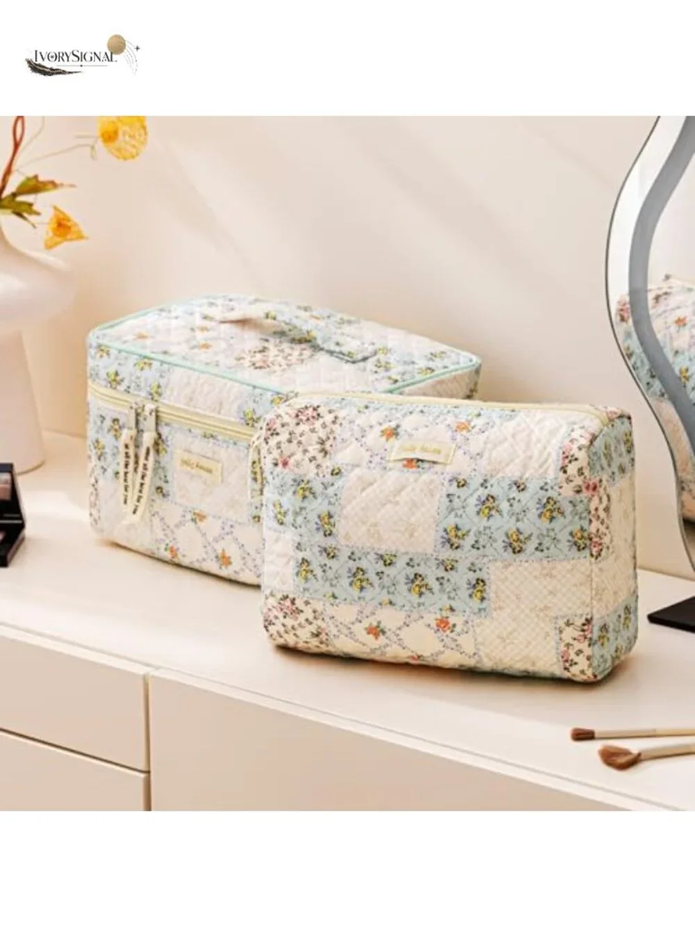 Quilted Cotton Makeup Bag Organizer Set of 3 with Gold-Plated Zipper